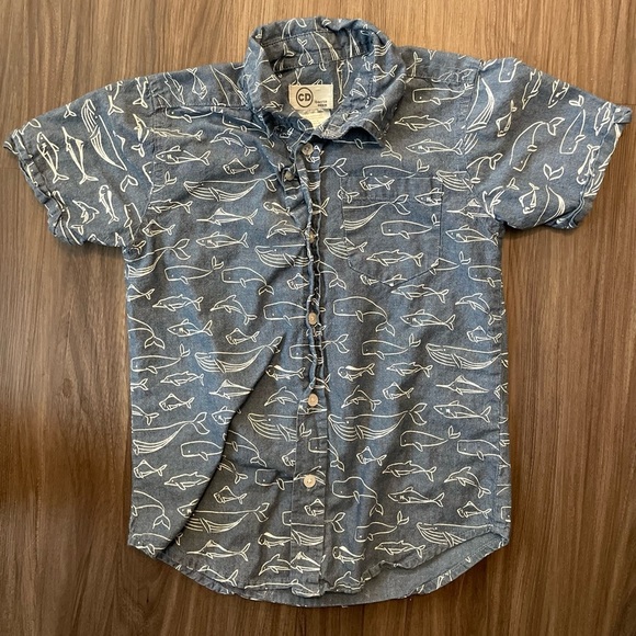 Copper Denim Blue Short Sleeve Button Down Shirt with Fish Print size 7 - Picture 1 of 5